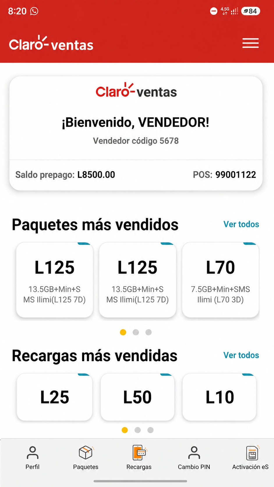 Pantalla principal de Claro Ventas
